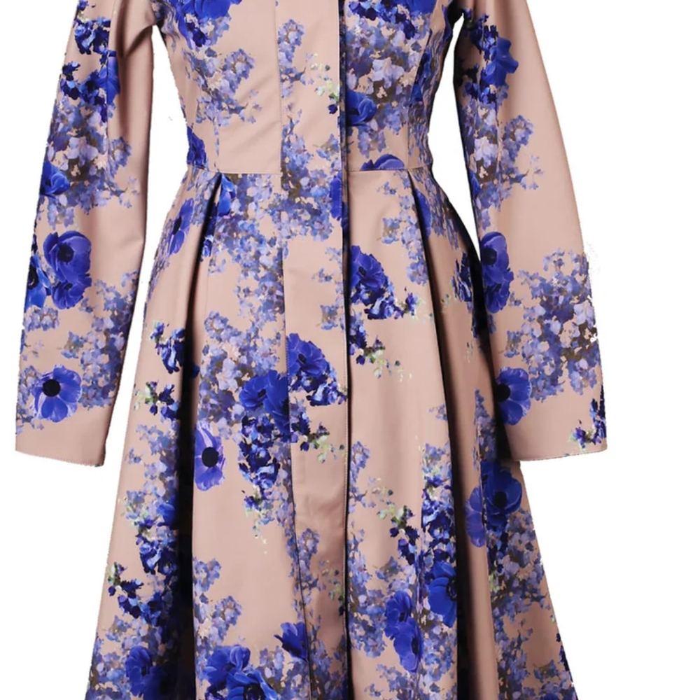 Floral Blue and Cream Women's Trench Coat